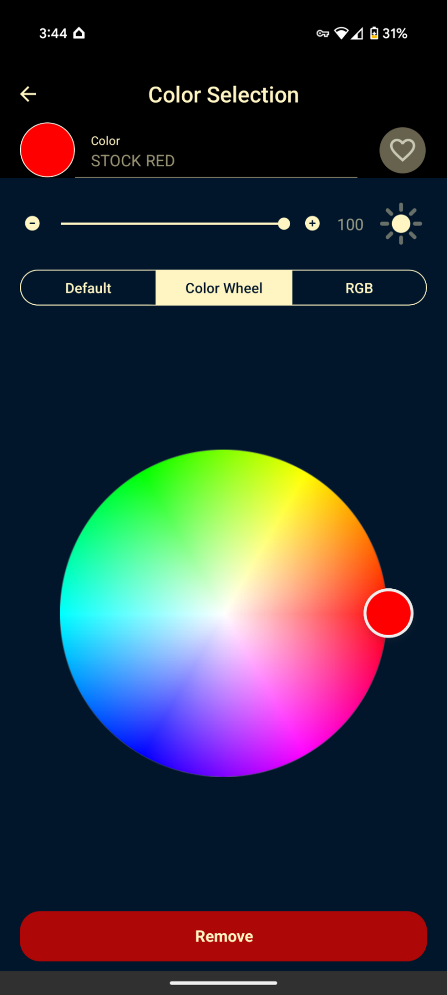 Allure app — colour wheel tab selecting a custom colour with the brightness slider