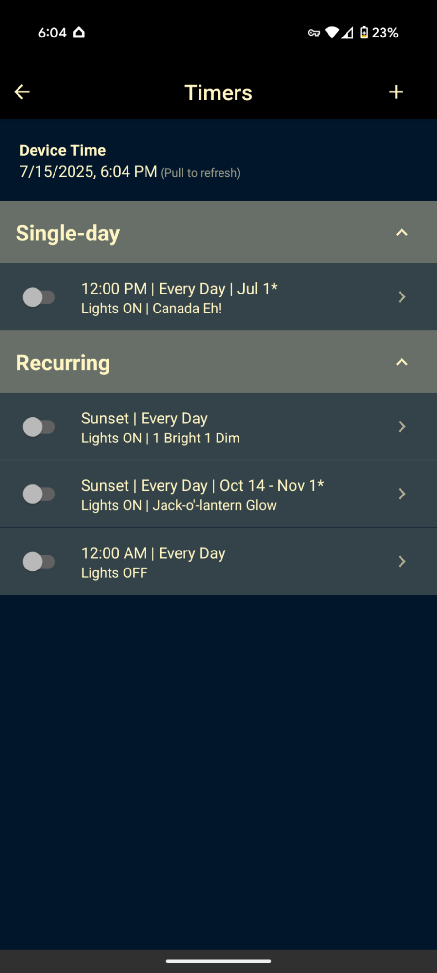 Allure app — Timers Management Panel showing device time and existing timers
