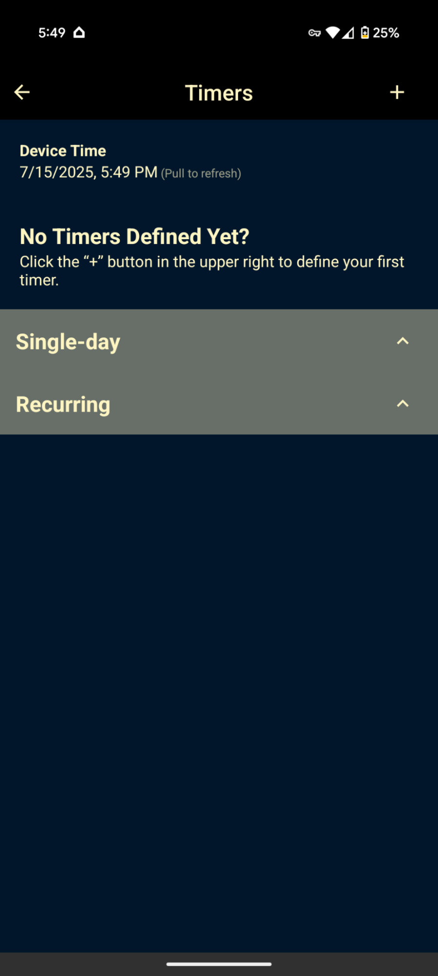 Allure app — empty timers screen prompting to tap the + icon