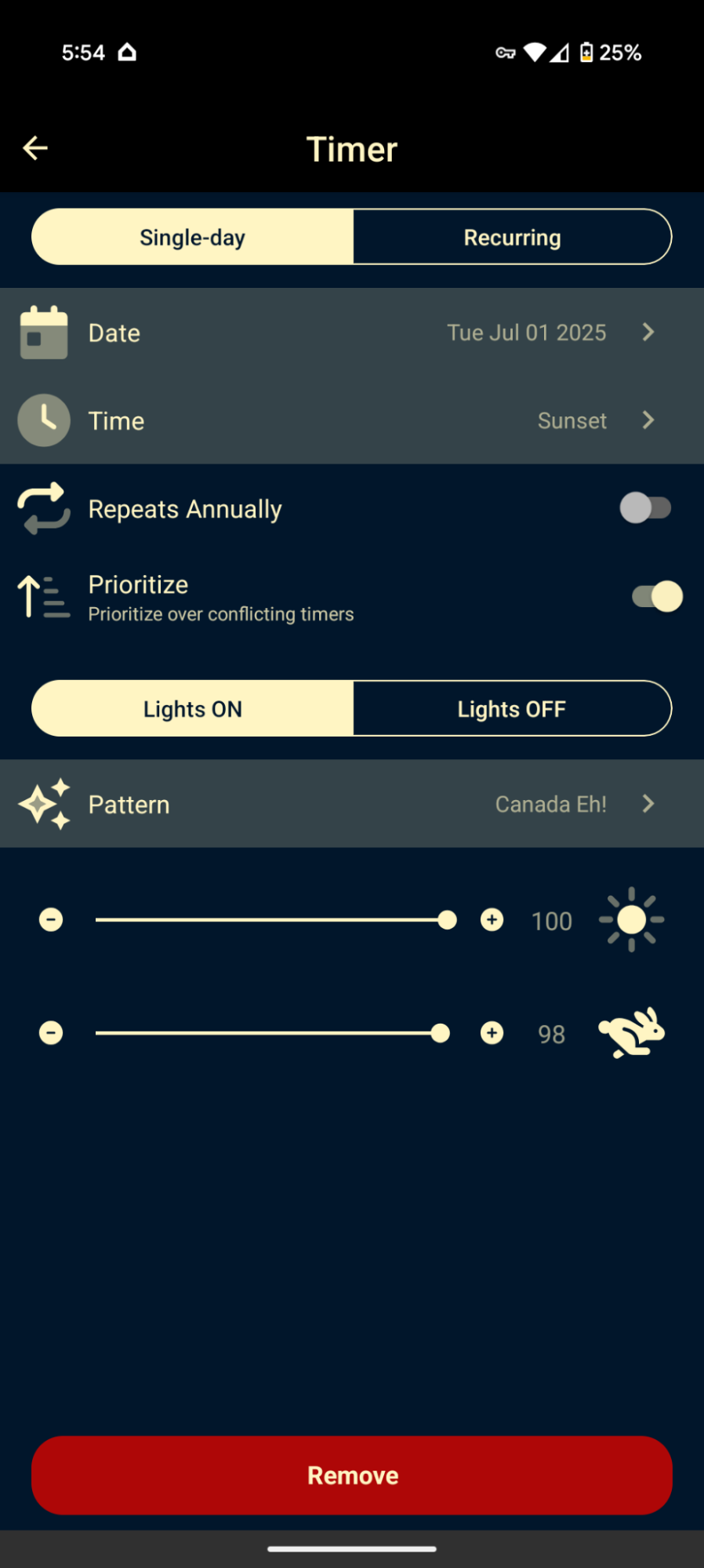 Allure app — Single-day timer setup with date and Repeat Annually options