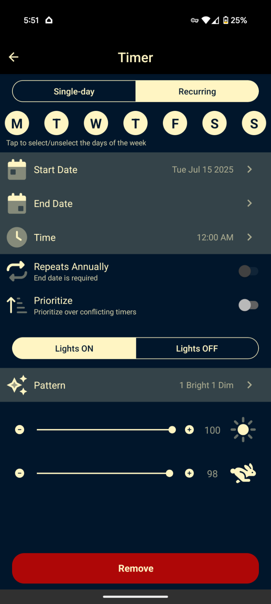 Allure app — Recurring timer setup with days of the week and a date range