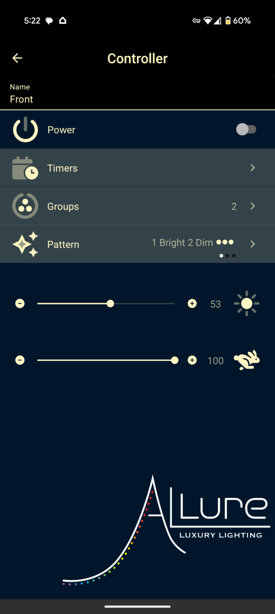 Allure app — Zone Control Panel with power, timers, pattern, brightness and speed controls