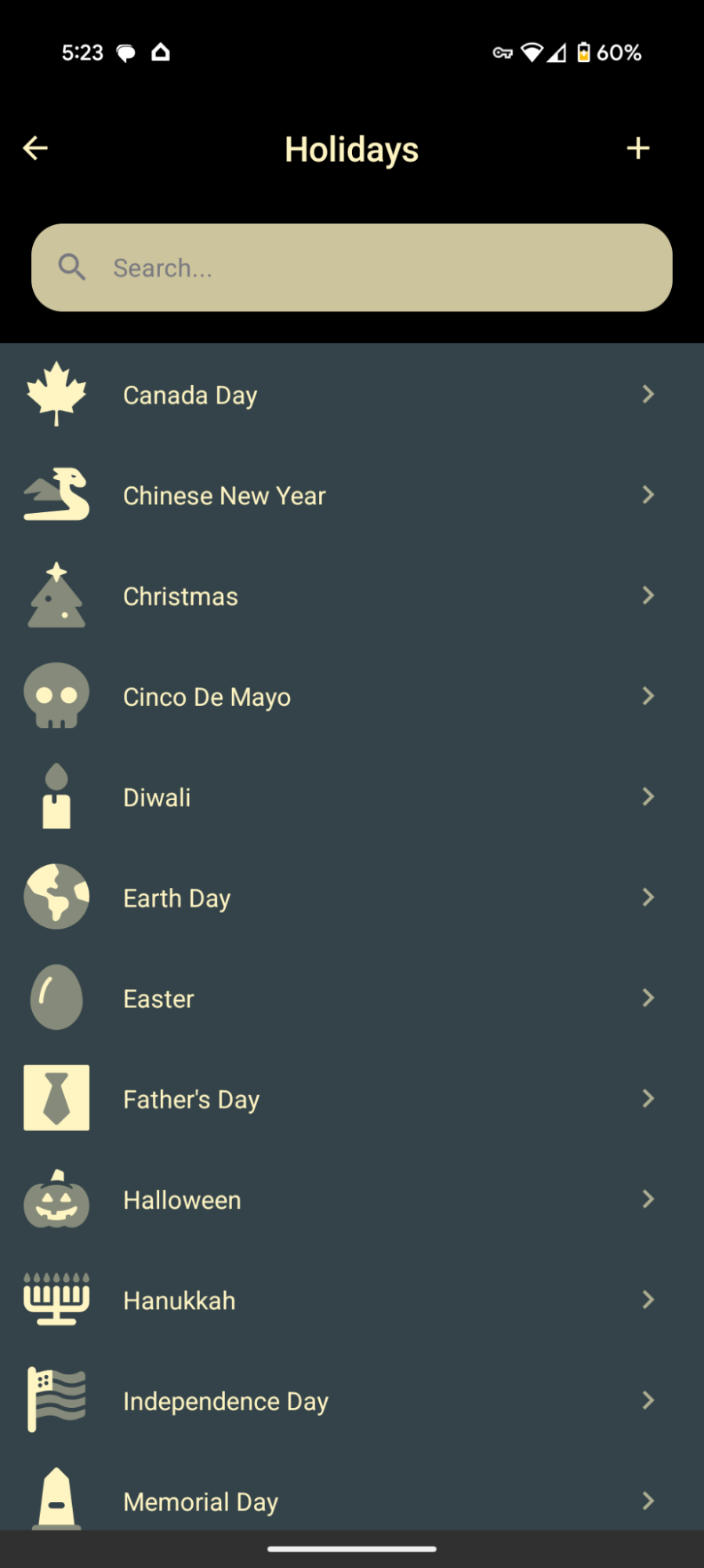 Allure app — Holidays folder listing holiday pattern subfolders