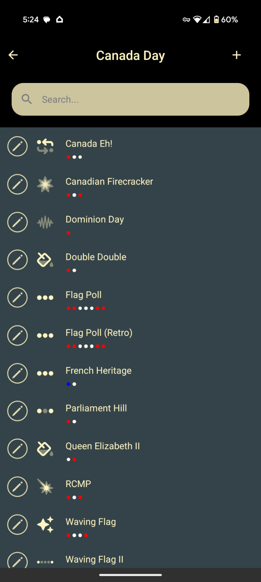 Allure app — Canada Day folder showing patterns with colour previews and edit icons